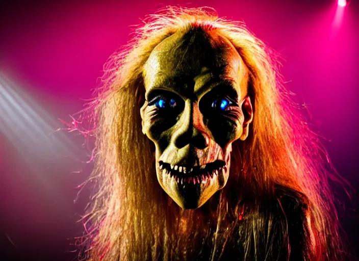 Prompt: publicity photo still of the cryptkeeper of tales from the crypt in muse live on stage, 8 k, live concert lighting, mid shot