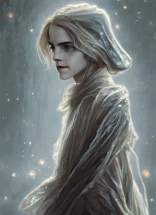 Prompt: Portrait of Emma Watson, white glowing eyes, silver shaggy hair, cloak, ethereal wings, male, fantasy, extremely detailed, digital painting, artstation, concept art, smooth, sharp focus, illustration, stunning lighting, art by artgerm and greg rutkowski and alphonse mucha and simon stalenhag, realistic character concept, high fantasy, light atmosphere, golden ratio, cinematic lighting, hyperdetailed, high resolution, insanely detailed and intricate, artstation, Marc Simonetti, Greg Rutkowski, 8k