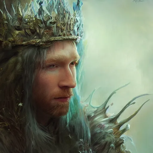 Image similar to closeup portrait shot of domhnall gleeson as king oberon, fairy wings, lord of beasts, highly detailed, digital painting, artstation, concept art, soft focus, depth of field, artgerm, tomasz alen kopera, peter mohrbacher, donato giancola, wlop, boris vallejo