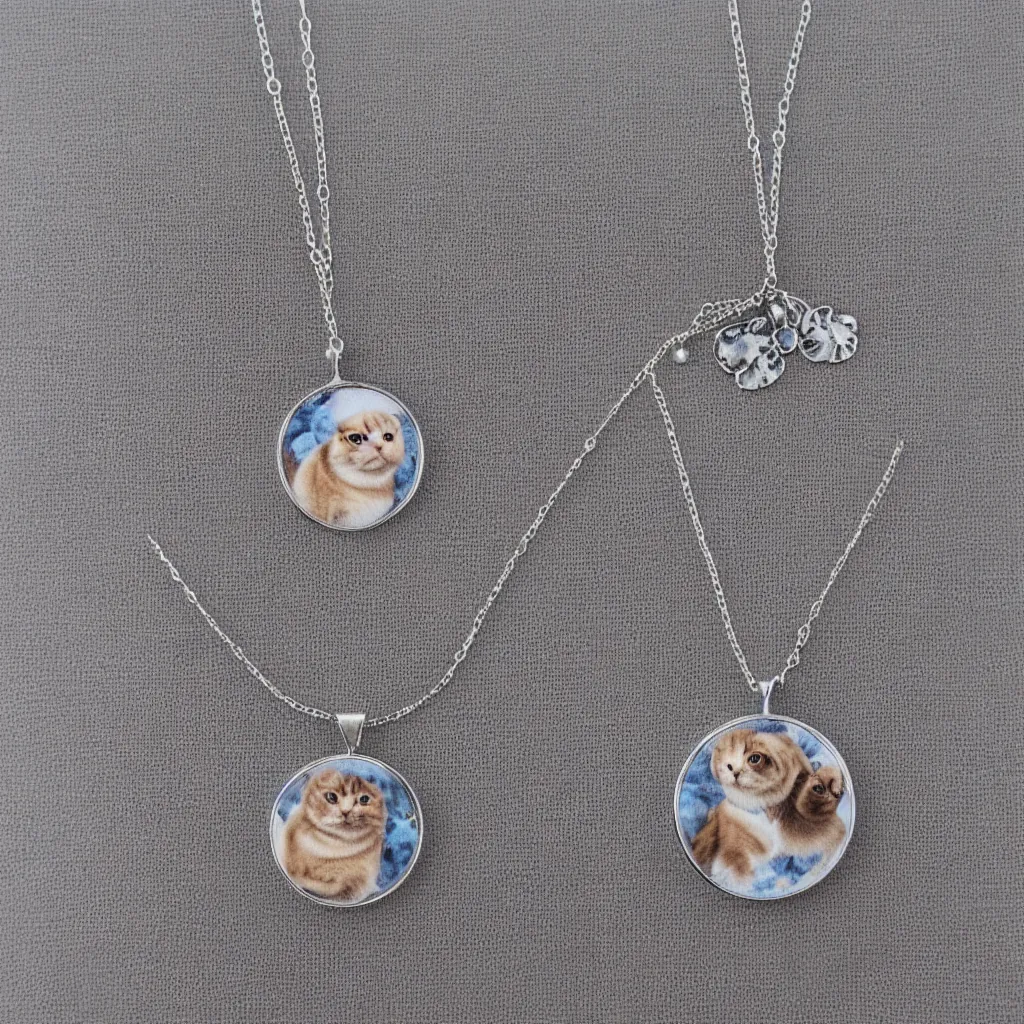 Prompt: Scottish fold patterned silver embroidered necklace