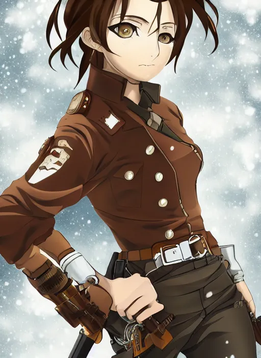 Prompt: girl with steampunk weapons and uniform, serious, intense, finely detailed, full body portrait, illustration, snow, snowing, cloudy, anime, side view, perfect anime face, realistic face, zoomed out, smooth, brown eyes, high waisted shorts, sharp focus, key visual of attack on titan