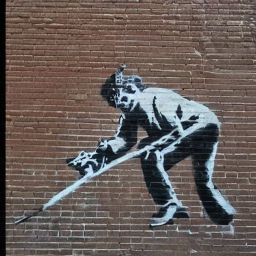 Prompt: Banksy street art showing a rat holding a hammer and sickle. On a brick wall in a big city. Highly detailed. Linden street art. Banksy