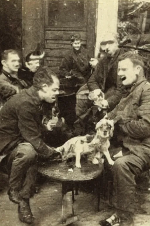 Image similar to men eating dog, old photo