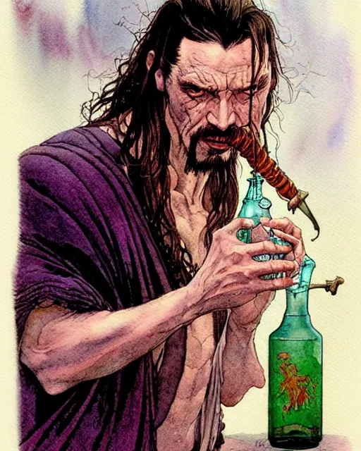 Prompt: a realistic and atmospheric watercolour fantasy character concept art portrait of a sleazy qui - gon jinn drinking out of a bottle with pink eyes wearing a wife beater. by rebecca guay, michael kaluta, charles vess and jean moebius giraud