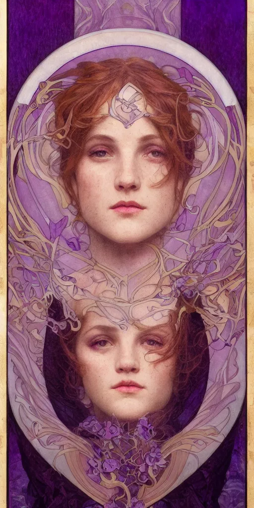 Prompt: purple, character portrait of purple energy, by waterhouse, by mucha, lean face, symmetrical face, face symmetry, cinematic lighting, beautiful, elegant, oil painting, cinematic, portrait, raphaelite, trending on artstation, intricate background