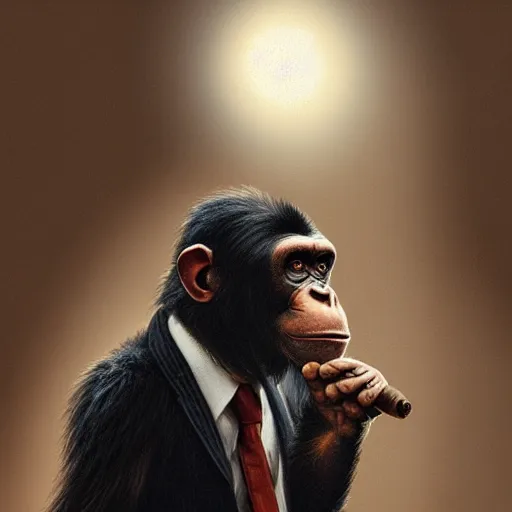 Image similar to a chimp wearing a suit smoking a cigar, dramatic lighting, cinematic, establishing shot, extremly high detail, photorealistic, cinematic lighting, artstation, style by James Gurney