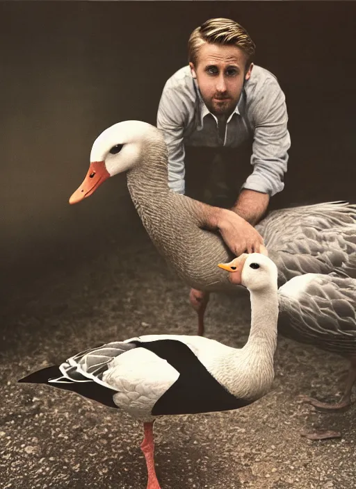 Image similar to ryan gosling fused with a goose, construction, natural light, bloom, detailed face, magazine, press, photo, steve mccurry, david lazar, canon, nikon, focus