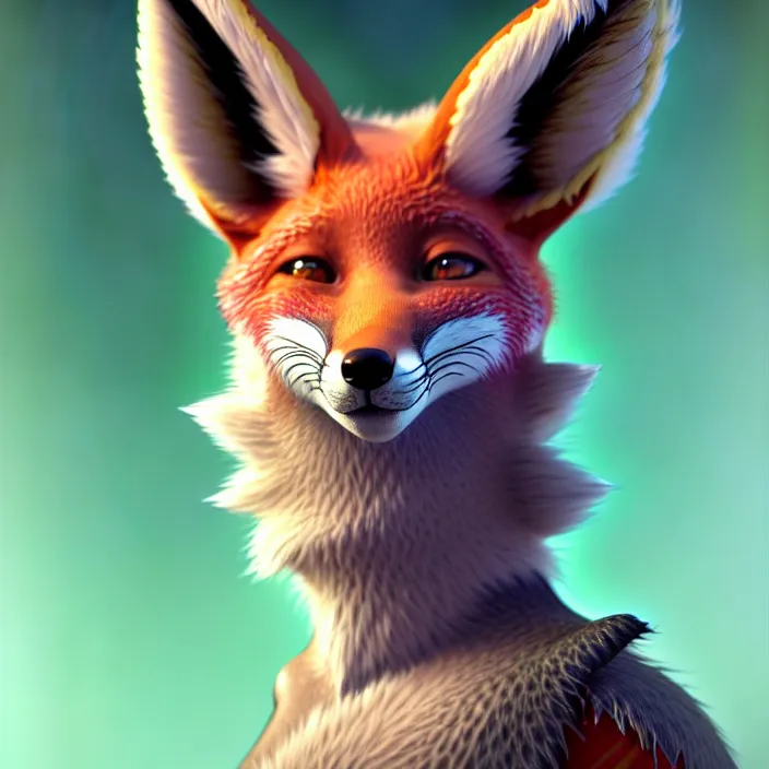 Image similar to a beautiful headshot portrait of a cute anime male fox boy with pink fur and green eyes. character design by cory loftis, fenghua zhong, ryohei hase, ismail inceoglu and ruan jia. artstation, volumetric light, detailed, photorealistic, fantasy, rendered in octane