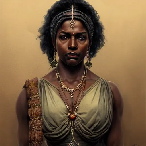 Image similar to wide angle portrait painting of a black muscular south indian woman, sari, ultra realistic, concept art, intricate details, eerie, horror, highly detailed, photorealistic, octane render, 8 k, unreal engine. art by artgerm and greg rutkowski and alphonse mucha