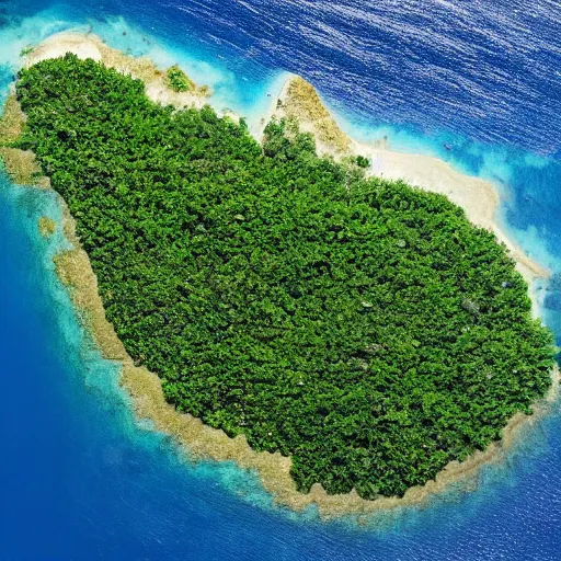 Prompt: satellite view of a large island covered in many lush, green, trees, with a few mountains, surrounded by beach fronts and shallow blue water, award winning satellite photography
