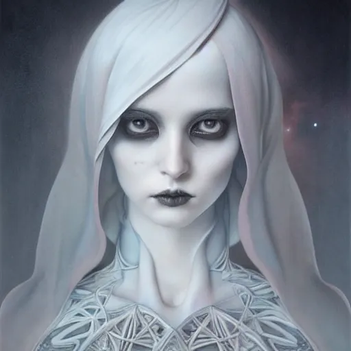 Image similar to by tom bagshaw, ultra realist soft painting of anime universe of curiosities, single dollpunk ghost mutation wearing a full body gothic robe, partial symmetry accurate features, very intricate details, focus, curvy, award winning, ultra dense fog