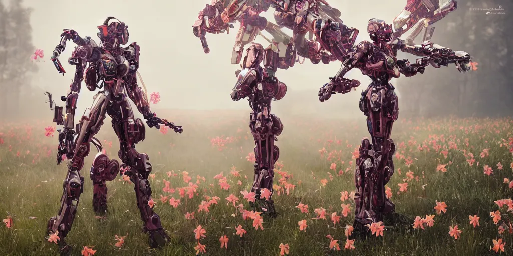 Image similar to a female saints made of mecha daffodils is flying in the fantasy forest, daniel, intricate mechanical details, futuristic, 2 k aesthetic, dramatic lighting, concept art, 4 k, 3 d octane render, pink and red colors, provenance, detailed, trending on artstation