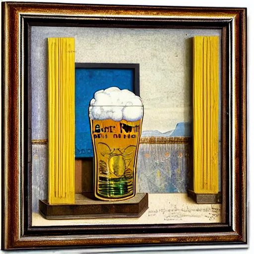 Image similar to A pint of beer sitting on a bar as painted by Joseph Cornell