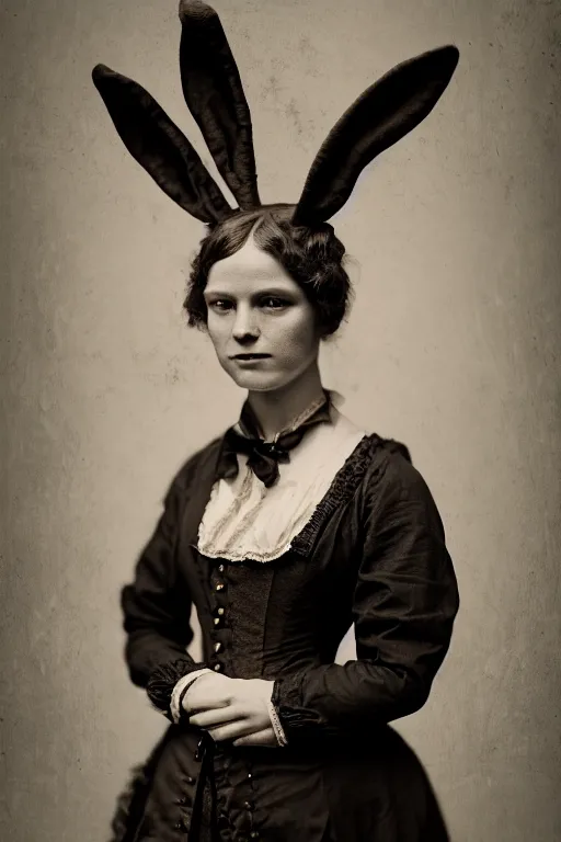 Image similar to wet plate photograph portrait of a victorian woman with a rabbit head for her head, dressed in a victorian - era clothing, dramatic lighting, highly detailed, digital painting, artstation, concept art, smooth, sharp focus, illustration, art by wlop, mars ravelo and greg rutkowski