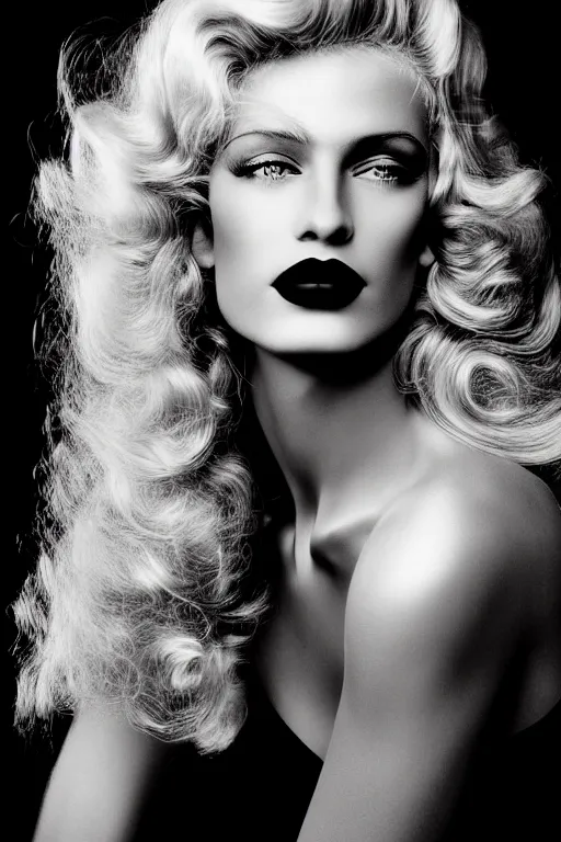 Prompt: stunning award - winning herb ritts portrait of a beautiful blonde woman. long curly shiny glossy hair. old hollywood makeup. vintage glamour. glossy dark lips. supermodel. high fashion black and white photography. vogue. canon 5 0 mm f / 1. 6
