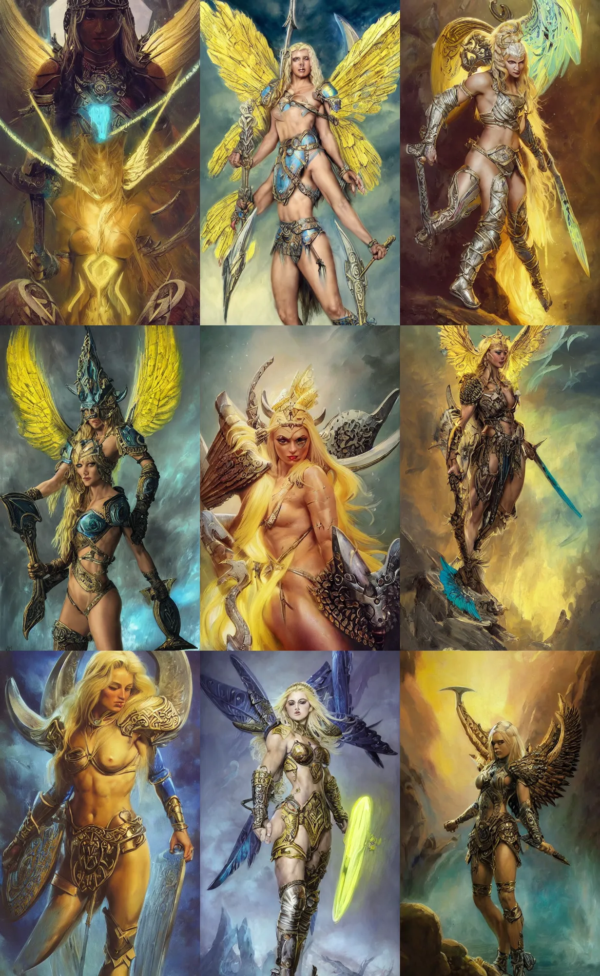 Prompt: An oil painting of the beautiful blonde viking goddess of war with neon-yellow-holographic wings, Valkyrie, very aesthetic, detailed face, by Frank Frazetta, Greg Rutkowski, Boris Vallejo, Christian MacNevin, epic fantasy character art, goddess of anger, teal-neon viking runes, high fantasy, full length, exquisite detail, post-processing, low angle, masterpiece, cinematic, odin's stone arena background