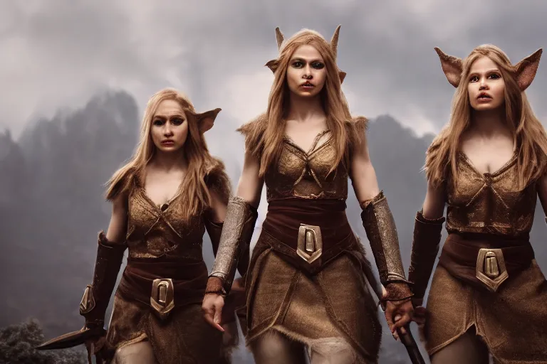 Image similar to a cinematic photograph of three female elf warriors, 8 k, ultra realistic, dramatic lighting, real faces, mist