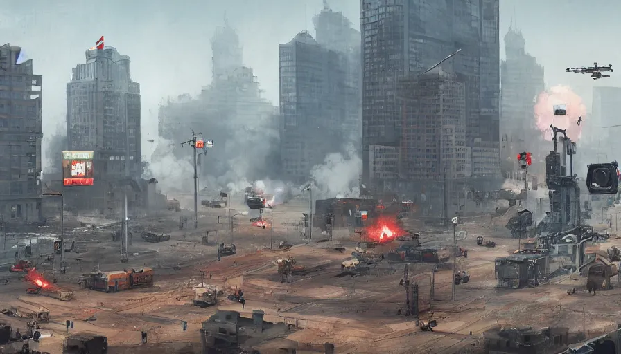 Image similar to warsaw downtown, soldiers and mech fight, simon stalenhag, 4 k, ultra detailed, explosions and smoke