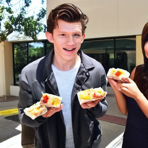 Prompt: Tom Holland eating spam musubi with a beautiful Filipina girl at Chapman University