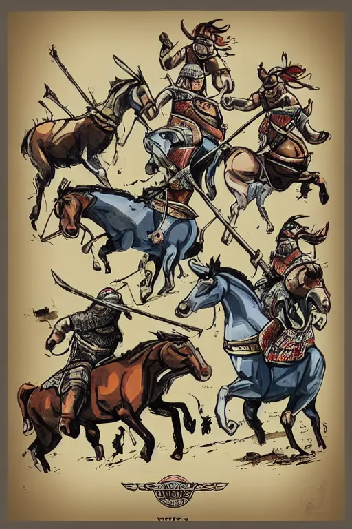 Prompt: “Poster of Viking horsemen in a battle with Mini Cooper Countryman Hybrid . Retro cartoon caricature.”