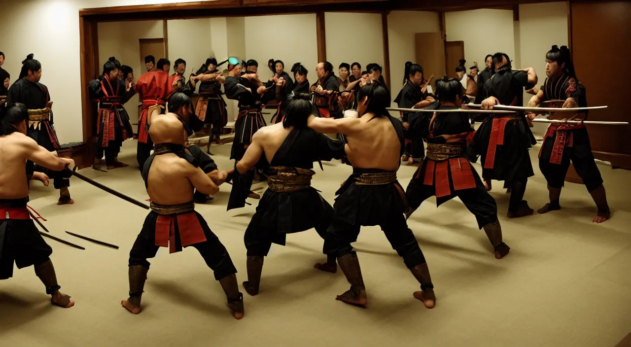 Image similar to samurai fighting in the backrooms