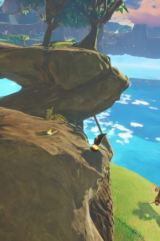 Image similar to in game footage of a penguin from the legend of zelda breath of the wild climbing q tree, breath of the wild art style.