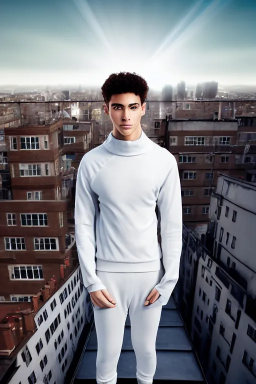 Image similar to un ultra high definition studio quality photographic art portrait of a young man standing on the rooftop of a british apartment building wearing soft padded silver pearlescent clothing. three point light. extremely detailed. golden ratio, ray tracing, volumetric light, shallow depth of field. set dressed.