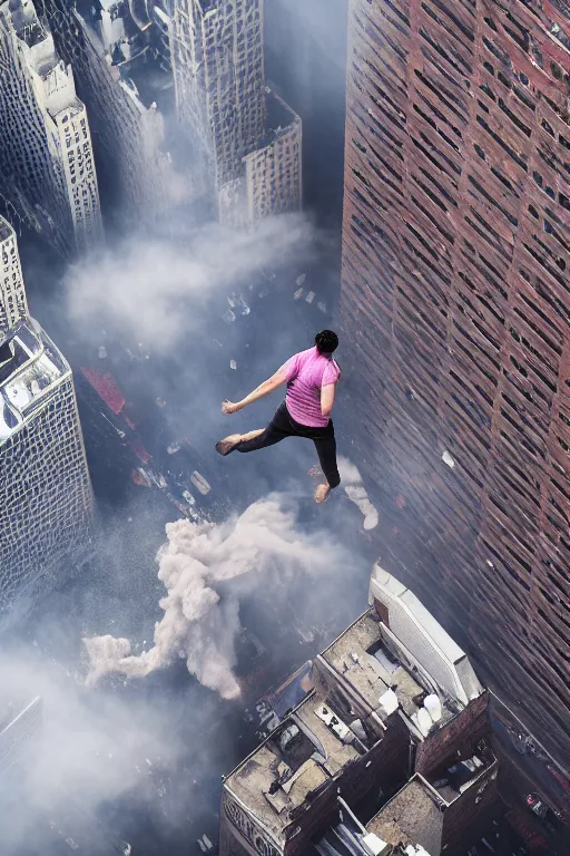 Image similar to !dream a man jumping from a building in New York, dust explosion, ground view 4k detailed photography