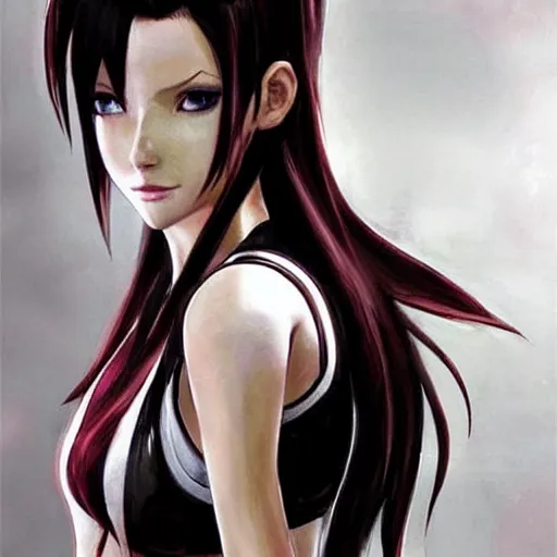 Image similar to concept art of head and shoulders cosplay of tifa lockhart, trending on artstartion