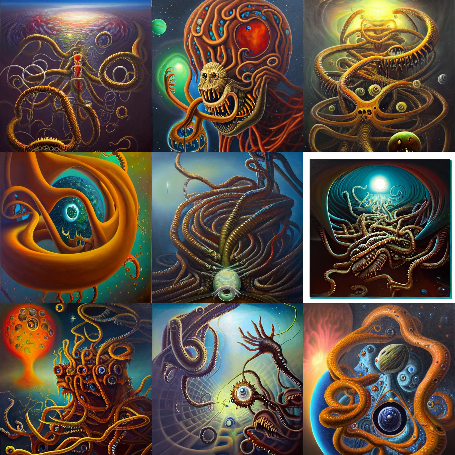 Prompt: an oil on canvas painting, polycount, surrealism, surrealist, lovecraftian, cosmic horror, high detail