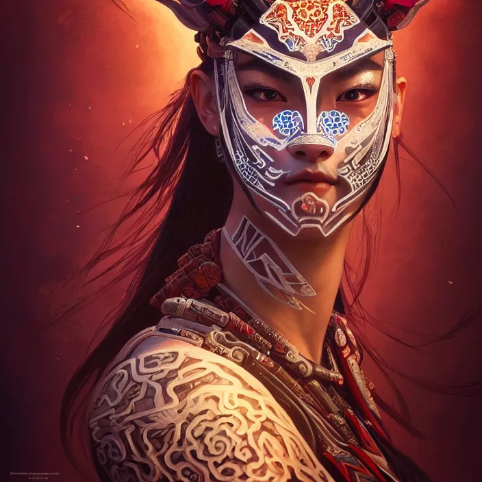 Image similar to symmetry! portrait of a hybrid angry warrior, face decorated with chinese opera motifs, leds horizon zero dawn machine, intricate, elegant, highly detailed, digital painting, artstation, concept art, smooth, sharp focus, illustration, art by artgerm and greg rutkowski and alphonse mucha, 8 k
