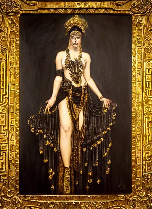 Prompt: highly detailed oil painting | very intricate | cinematic lighting | black, white and gold color scheme, dark background | tribalfusion bellydancer fully dressed by alexander mcqueen | by roberto ferri, by tom bagshaw, by singer sargent and klimt, american romanticism, occult art | by austin osman spare, artstation, cgsociety, official art, octane