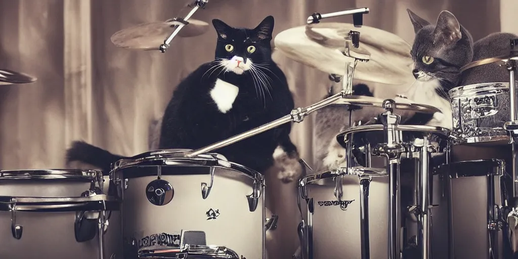 Image similar to a photo of a cat playing drums ironically and funny