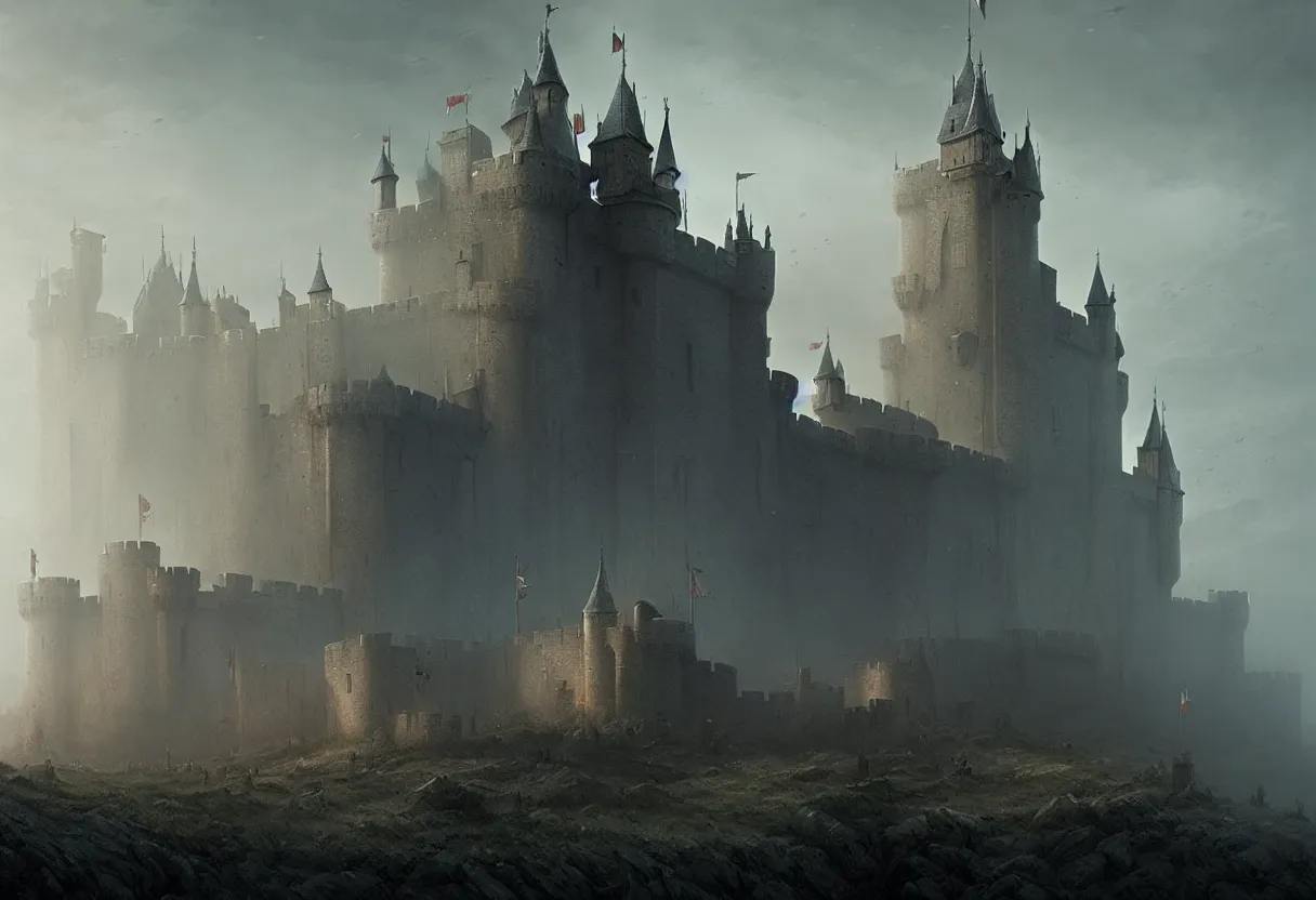 Image similar to castle with 3 0 years war, ultra high definition, ultra detailed, symmetry, fog, matte painting, by greg rutkowski and ross tran and wlop