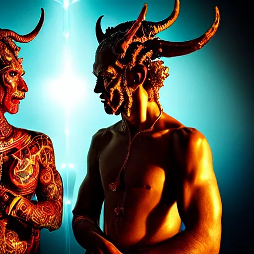 Prompt: uhd candid photo of cosmic god and the devil, glowing, global illumination, studio lighting, radiant light, hyperdetailed, correct faces, elaborate intricate details. photo by annie leibowitz
