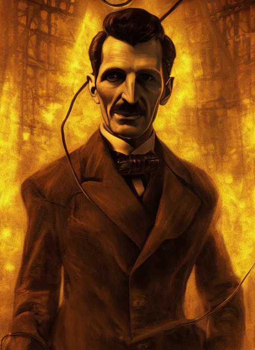 Image similar to biohazard portrait of nikola tesla from bioshock, au naturel, hyper detailed, digital art, trending in artstation, cinematic lighting, studio quality, smooth render, unreal engine 5 rendered, octane rendered, art style by klimt and nixeu and ian sprigger and wlop and krenz cushart