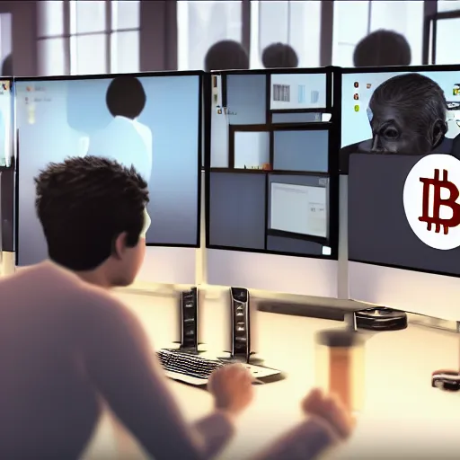 Image similar to fifty monkeys are staring a individual computer screens in a crowded cubicle - style office, the computer screens have bitcoin logos, hyperrealism, unreal engine 5, 4 k, harsh contrast lighting