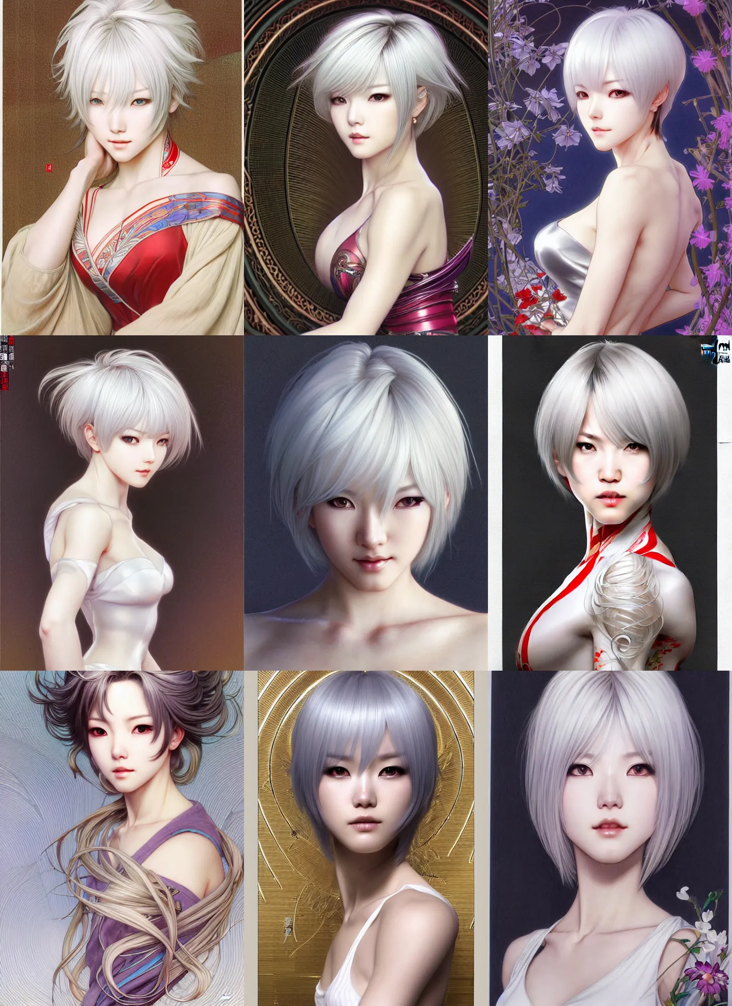 Prompt: full length complex 3 d hyper realistic smooth ultra sharp render of a gorgeous female short white hair long bangs | art by oh jinwook + 吵 集 仁 儿 on artstaion + takeshi obata + alphonse mucha + jim lee