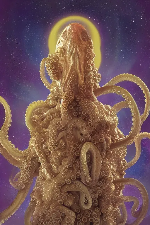 Prompt: close-up of a biblical angelic octopus wearing a spacesuit in the office, second coming, centered, portrait by Greg Hildebrandt, studio lighting, 85 mm, muted colors, by Terry Richardson, by Leonardo DaVinci, by Beeple, ultrarelistic, extreme detail, caustics, trending on Artstation, 8K, octane renderer, rtx on