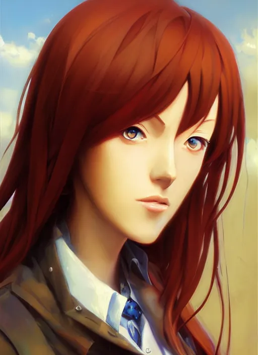 Prompt: Classical oil painting of Makise Kurisu by Marc Simonetti, beautiful anime portrait, official artwork, brush strokes, oil, canvas