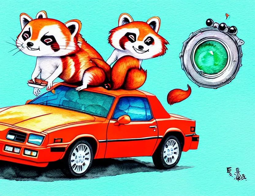 Prompt: cute and funny, redpanda riding in a tiny 1 9 8 7 chevy camaro, ratfink style by ed roth, centered award winning watercolor pen illustration, isometric illustration by chihiro iwasaki, edited by range murata, tiny details by artgerm and watercolor girl, symmetrically isometrically centered