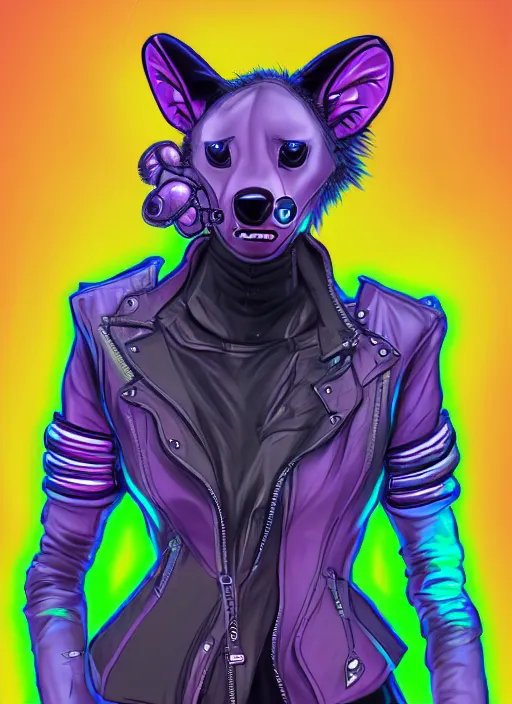 Image similar to digital drawing of anthromorphic hyena female drawn in cell shaded, fursona, furry fandom, neon rainy cyberpunk setting, anthro, wearing leather jacket, detailed face,