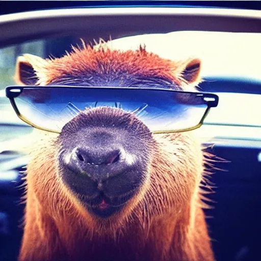 Prompt: “ capybara in sunglasses driving a car ”