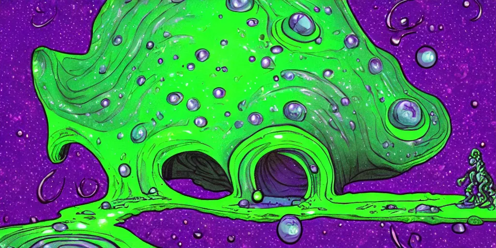 Prompt: green slime purple crystals alien worm laboratory, award winning art, epic dreamlike fantasy landscape, art print, science fiction, ultra realistic,