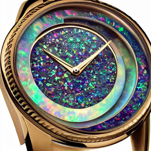 Prompt: celestial watch from the far future with infinite dials, mother of pearl opal, year 2 5 0 0, style of norman rockwell