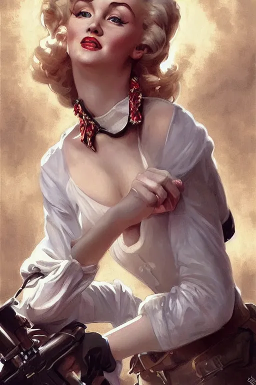 Image similar to beautiful cottagecore Marylin Monroe holding a rifle. intricate, elegant. highly detailed, digital painting, artstation, concept art, smooth, sharp, focus, illustration. . art by artgerm and greg rutkowski and alphonse mucha