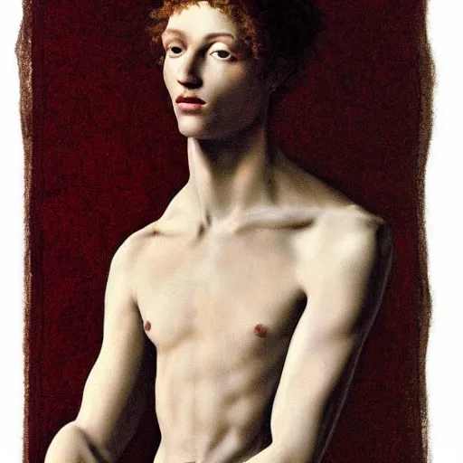 Image similar to a beautiful young male wearing alexander mcqueen, painted by michelangelo