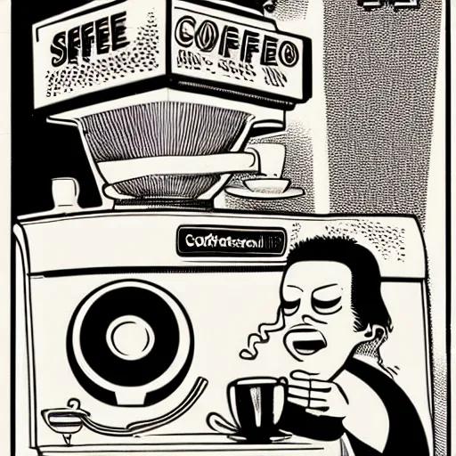 Image similar to vhs cover, 1 9 8 3, horror, coffee shop, espresso machine, barista with no eyes, designed by charles burns
