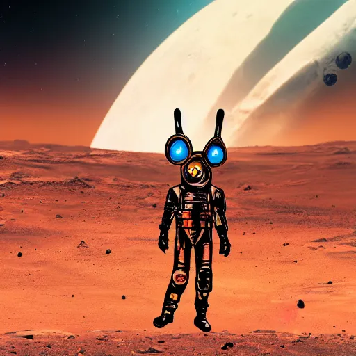 Prompt: a rabbit in a spacesuit stands in a spaceship with a blaster against the background of mars cyberpunk photorealism