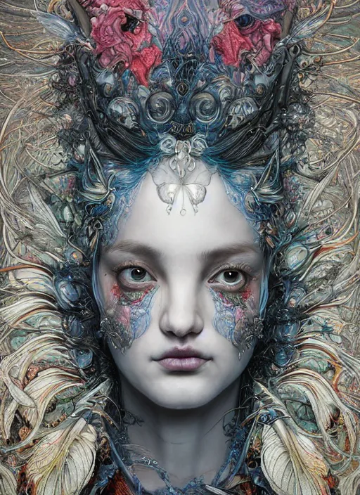 Prompt: face portrait, artwork by james jean made of feathers mist and cloud, chiara bautista, hyperdetailed realistic smooth polished porcelain, beautiful jackal queen, jean delville, art nouveau, highly saturated colors, ornate metal gothic icon heavy patina, joy, delicate, ultrasharp hyperdetailed photorealistic octane render, enchanting, otherworldly, whimsical, ethereal, mythology, magical